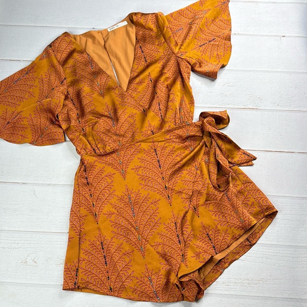 Saints + Secrets V-Neckline Wrap Romper Leaf Print Mustard Size Small